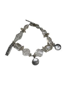 Handmade Clear Crystal Beaded Charm Bracelet Silver Tone Peace Love Hope 8 Inch